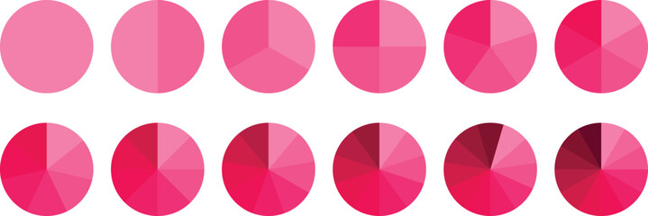 Pie chart set, segmented circle icons, circle diagram. Pie chart divided 1,2,3,4,5,6 equal parts. Color pizza or donut round diagram. Infographic wheel segment or sections parts. Vector illustration