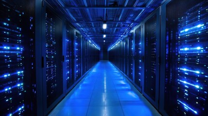 Modern Data Center Interior with Blue Lighting