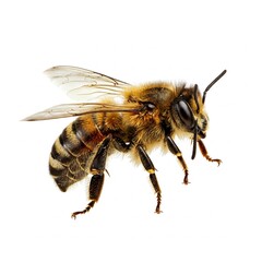 Honey bee isolated on white background showcasing wings and yellow body in detail
