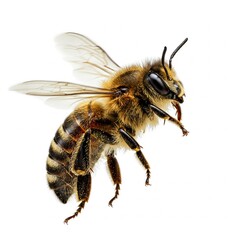 Close-up of honey bee isolated on white background showing wings and yellow body
