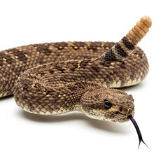 Obraz premium Venomous rattlesnake isolated on white background with coiled body and visible rattles 