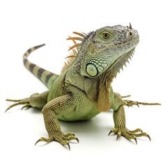 Iguana with green skin placed on white background showing natural posture calmly
