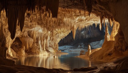 A stunning cave interior with a serene pool.