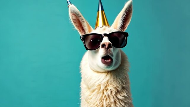 Funny llama in black glasses and party hat, realistic style on turquoise background. Holiday, humor and animal fun concept