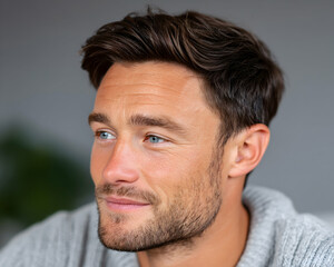 Obraz premium Close-up portrait of a handsome man with light eyes and styled hair, looking thoughtfully off-camera. Generative AI