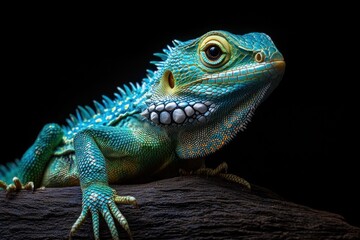 Fototapeta premium A Colorful Lizard Posing On Dark Brown Wooden Surface