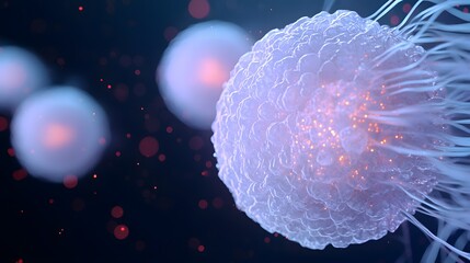 Close-Up View of Glowing Biological Cells with Delicate Tendrils in Abstract Space