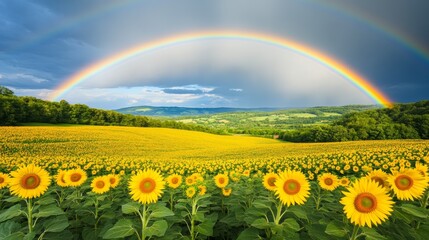 Breathtaking panoramic view of a vast sunflower field under a vibrant rainbow in the sky, showcasing nature's beauty, summer countryside atmosphere, and idyllic rural landscape with vivid golden tones