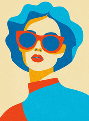 Fashionable charming brunette girl. Young beautiful fashion woman with sunglasses Abstract female face, contemporary design drawing in retro style placard, vector illustration 