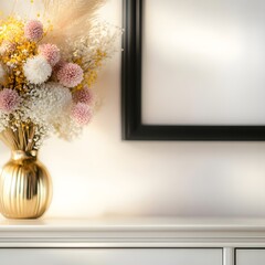 Elegant Floral Arrangement in a Gold Vase on a White Console Table with Minimalist Aesthetic