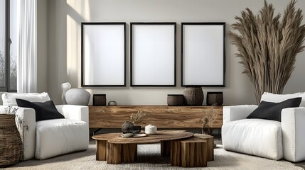 Cozy Minimalist Living Room with Wooden Furniture and Blank Walls for a Relaxing Atmosphere