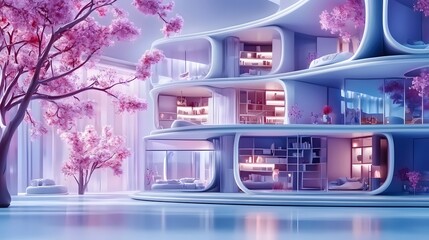 Futuristic Architectural Design Featuring Modern Buildings Surrounded by Cherry Blossom Trees