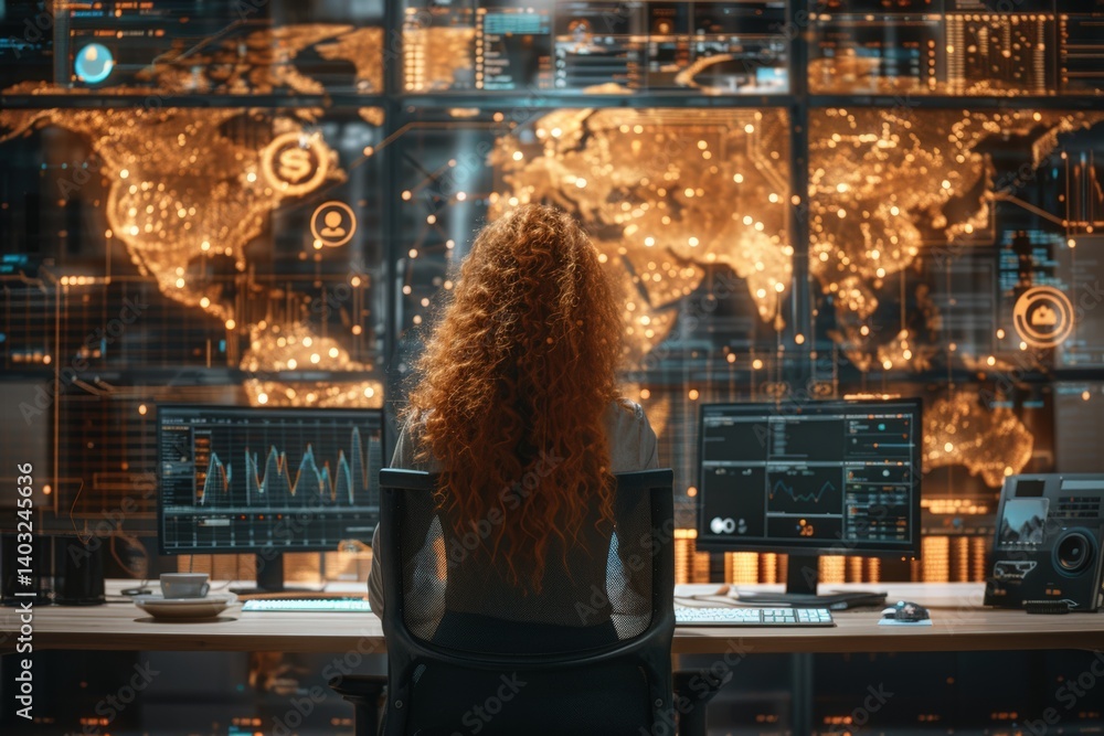 Poster data analysis expert monitoring global trends from office high-tech environment focused viewpoint di