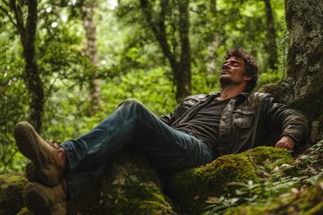 Obraz premium A man resting against a tree in a lush green forest