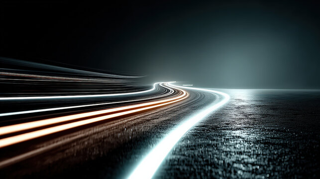 futuristic road with neon blue and orange holographic guidance lines curves into distance, creating dynamic and energetic atmosphere. scene is set against dark, misty background