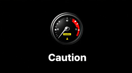 speedometer icon with caution sign is displayed on black background, emphasizing alertness and safety. word Caution is prominently featured below icon