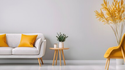 Charming Modern Living Room Interior Featuring Yellow Accents with Stylish Furniture and Decor