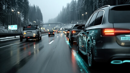 Futuristic cars drive on wet highway through forest, showcasing advanced digital interfaces and smart traffic control systems. scene is set in misty, serene environment