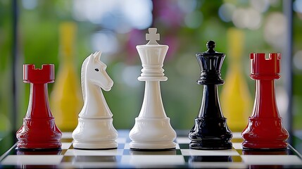 Colorful Chess Pieces Arranged Strategically on a Board with a Blurred Background