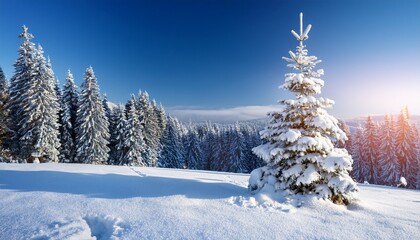 Christmas tree in beautiful snowy winter landscape