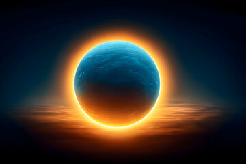 Glowing teal planet above fiery clouds in dark space. Generative AI