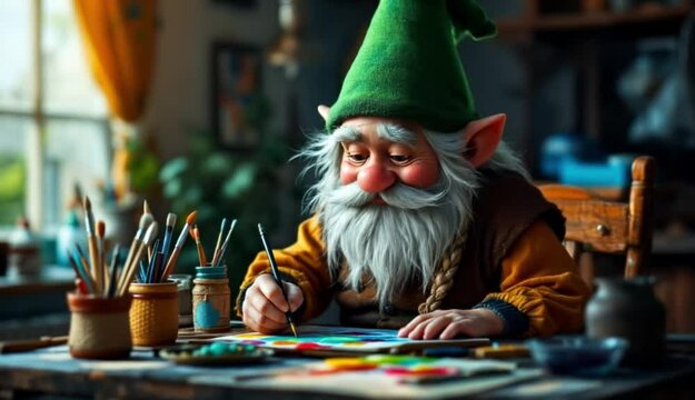 Creative Gnome Artist at Work, A Whimsical Scene of Imagination and Craftsmanship
