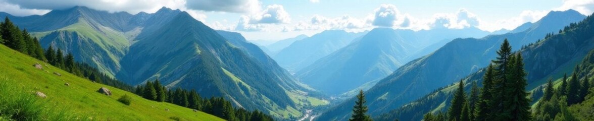 Majestic peaks, serene valleys, lush greenery, landscape, cold