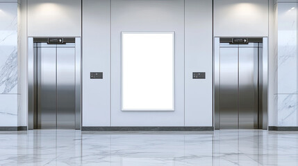 Empty steel elevator doors open in a modern building's light-filled office corridor