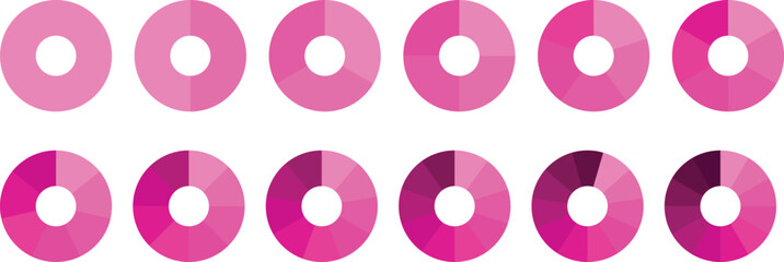 Pie chart set, segmented circle icons, circle diagram. Pie chart divided 1,2,3,4,5,6 equal parts. Color pizza or donut round diagram. Infographic wheel segment or sections parts. Vector illustration