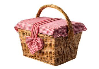 Wicker picnic basket with red gingham ribbon, isolated on a transparent background png