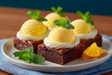 Chocolate brownies topped with vanilla ice cream and mint (1). Generative AI