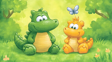 Naklejka premium Two friendly dragon-like creatures sit in a grassy meadow.