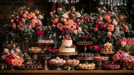 Fototapeta premium Lavish Wedding Dessert Table with Abundant Flowers