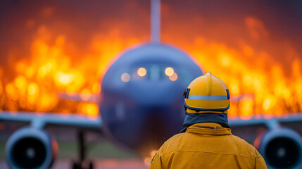 Firefighter views burning airplane. Generative AI