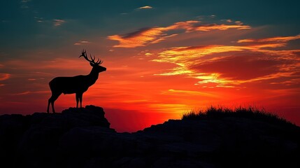 Majestic stag silhouette at sunset on rocky mountain peak.