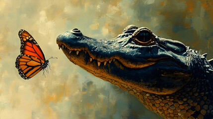 A monarch butterfly approaches a curious alligator's head.
