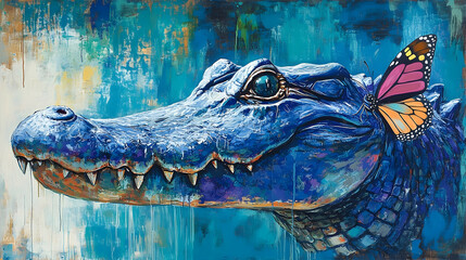 A majestic alligator, a vibrant butterfly rests upon its head, in a vibrant teal and blue landscape.