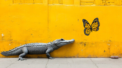 A gray alligator and a yellow butterfly on a bright yellow wall.