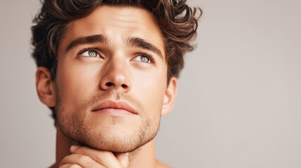 Obraz premium The Contemplative Gaze: A young man with a thoughtful expression gazes upwards, lost in contemplation. His handsome features, defined by his short beard and wavy hair.
