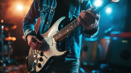 Obraz premium Man with guitar, plays in music record studio