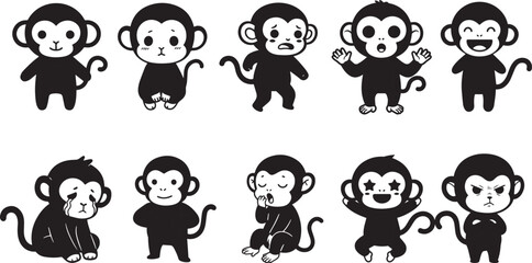 Fototapeta premium Ten Cartoon Monkeys Displaying Unique Expressions and Poses, Arranged in Two Rows of Five with Two Blurred Faces