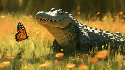 A gentle alligator and a monarch butterfly share a sunny meadow.