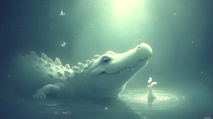 A gentle white alligator surrounded by butterflies in a serene aquatic scene.