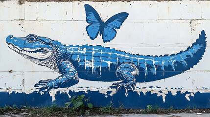 A vibrant blue alligator mural with a butterfly.