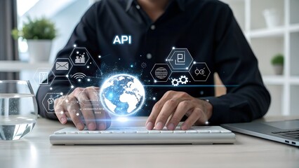 API Application Programming Interface Concept. A programmer types on a laptop, interacting with digital icons representing API development, security, and cloud computing. Application Software Tool, 