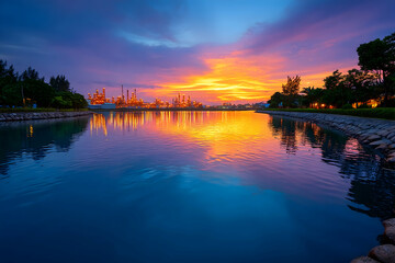 Fototapeta premium Vibrant sunset reflecting on calm waters with industrial complex in the background. Generative AI