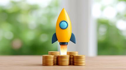Yellow rocket launching from gold coin stacks on wooden table, blurred green background. Generative AI