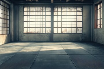 A large room featuring massive windows and concrete floor