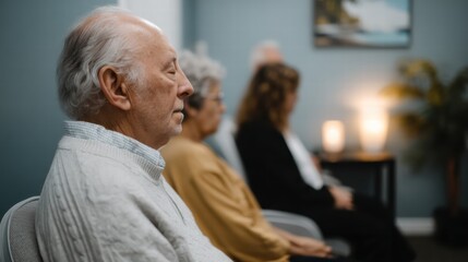 serene meditation session for seniors, showcasing individuals in calm environment, promoting relaxation and mindfulness. soft lighting enhances peaceful atmosphere
