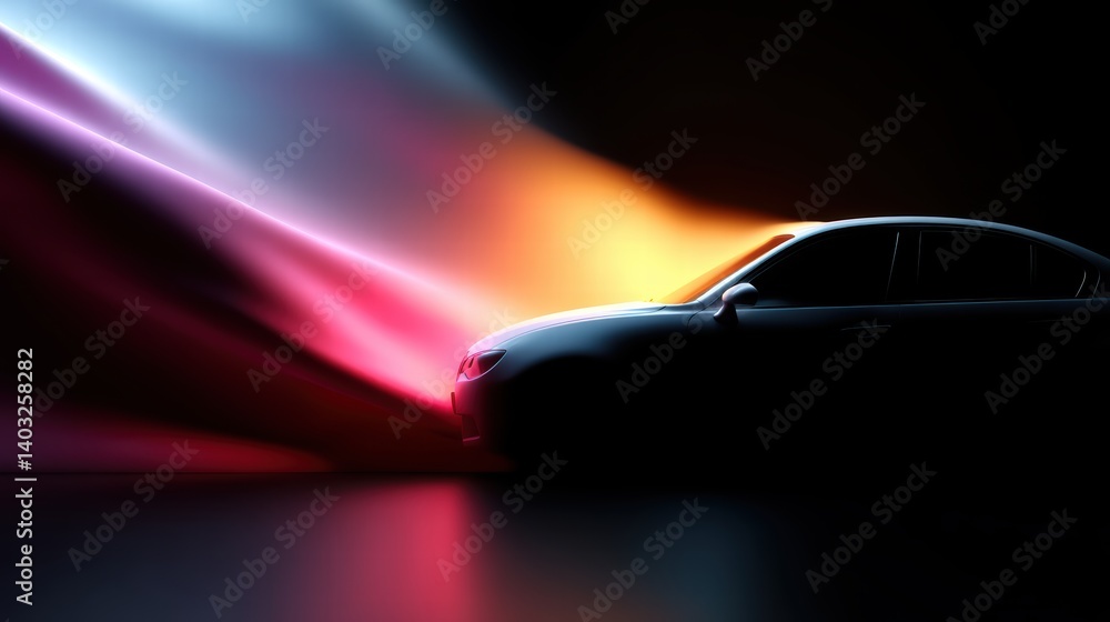 Poster abstract design featuring car silhouette illuminated by vibrant light waves, creating dynamic and mo